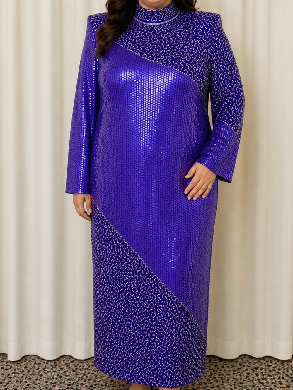 Scarlet Rage Vintage 80’s Vibrant Purple & Silver Beaded Silk Long-Sleeve Dress